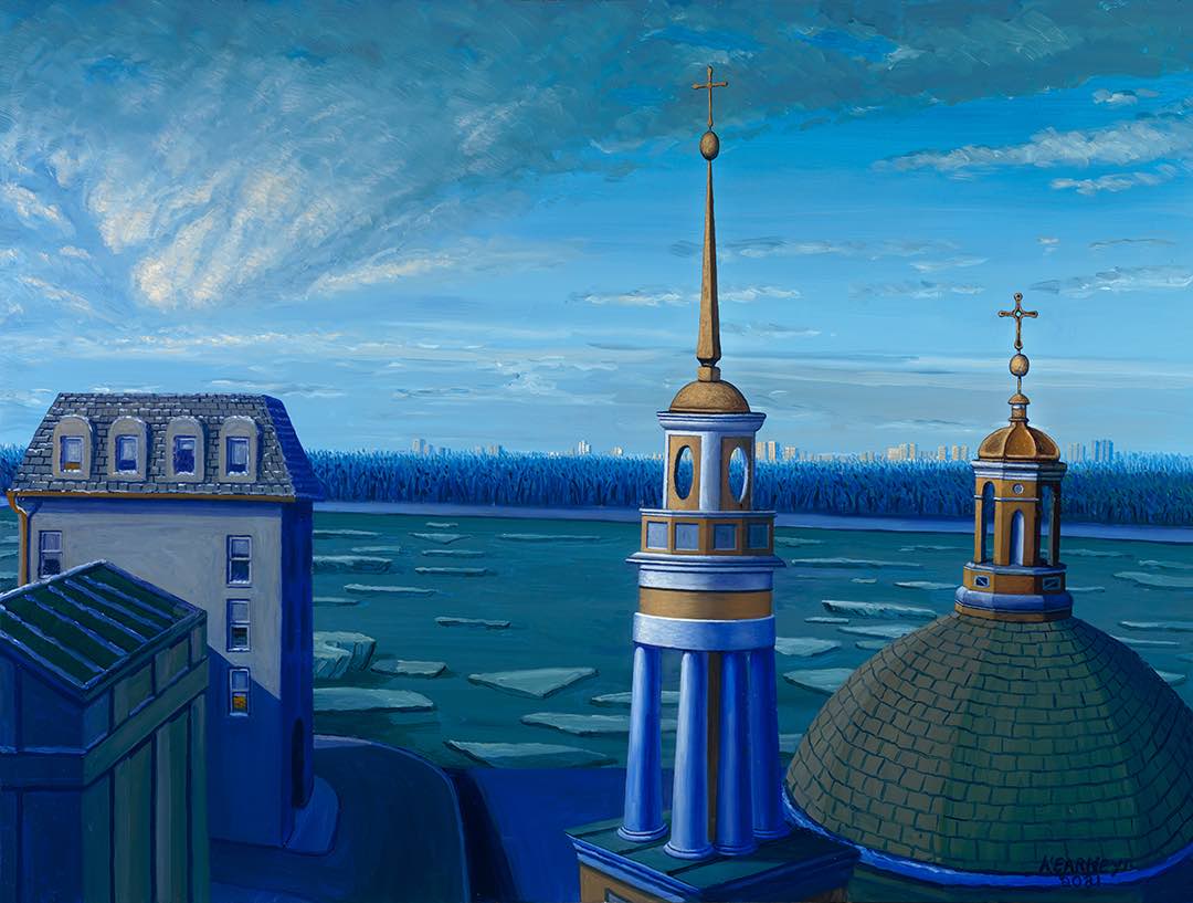 "Winter Evening in Kiev" (2021) oil on canvas by Kevin Kearney